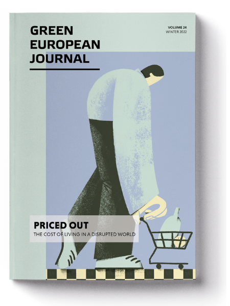 Green European Journal issue cover with stylised person pushing very small shopping trolley.