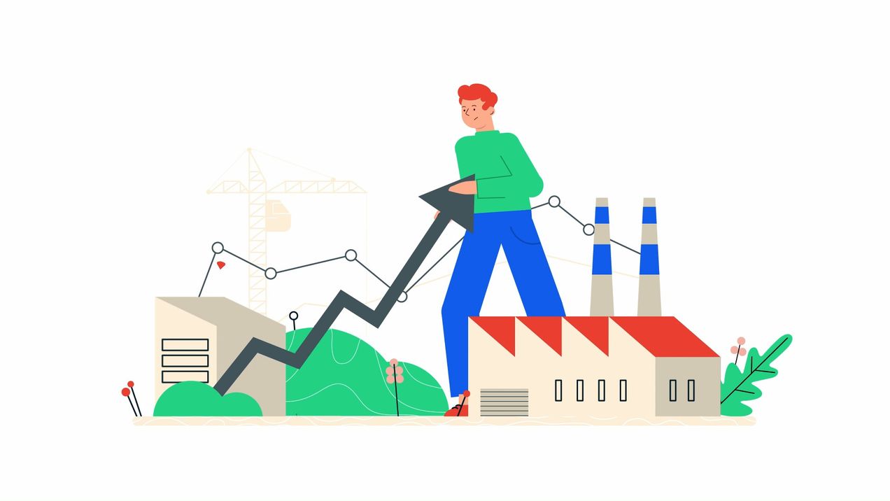 Cartoon Image of a person standing over a factory with a growth arrow