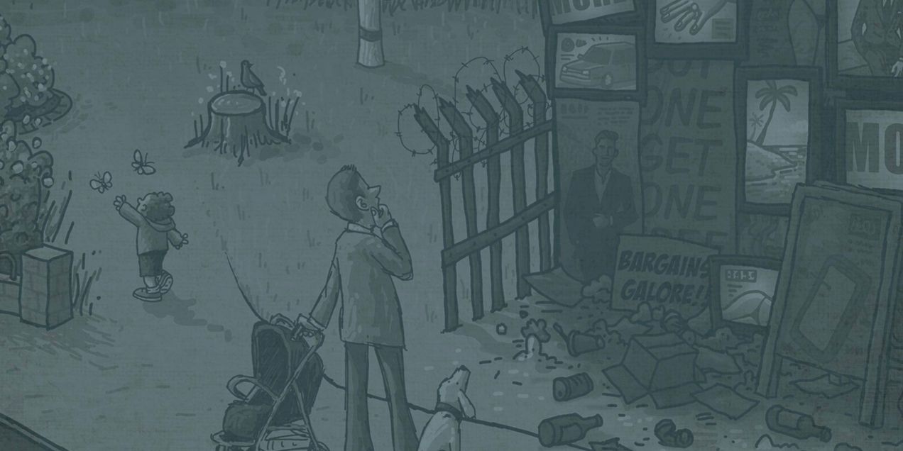 Cartoon Image in Dark green of a man looking at adverts