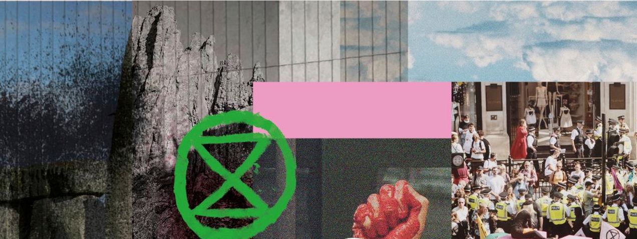 Collage of images include fist, XR logo, XR protests...