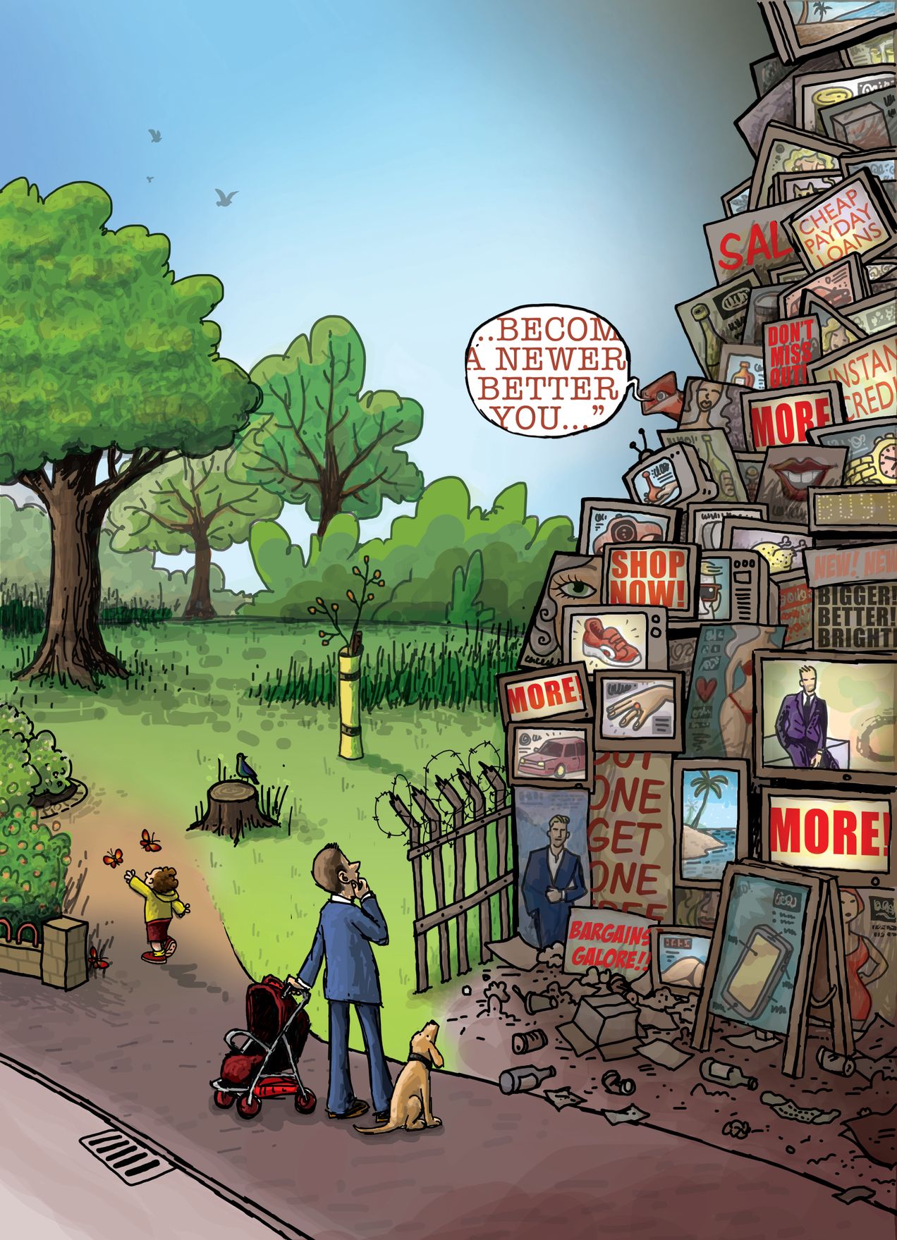 Man and Dog stare at a wall of advertising, whilst kit runs off into park chasing butterfly