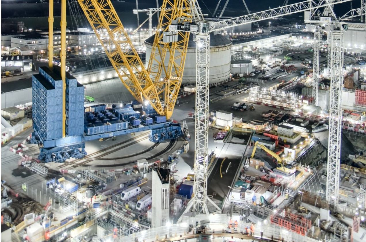 Hinkley C nuclear power station under construction with large crane and lots of machinary