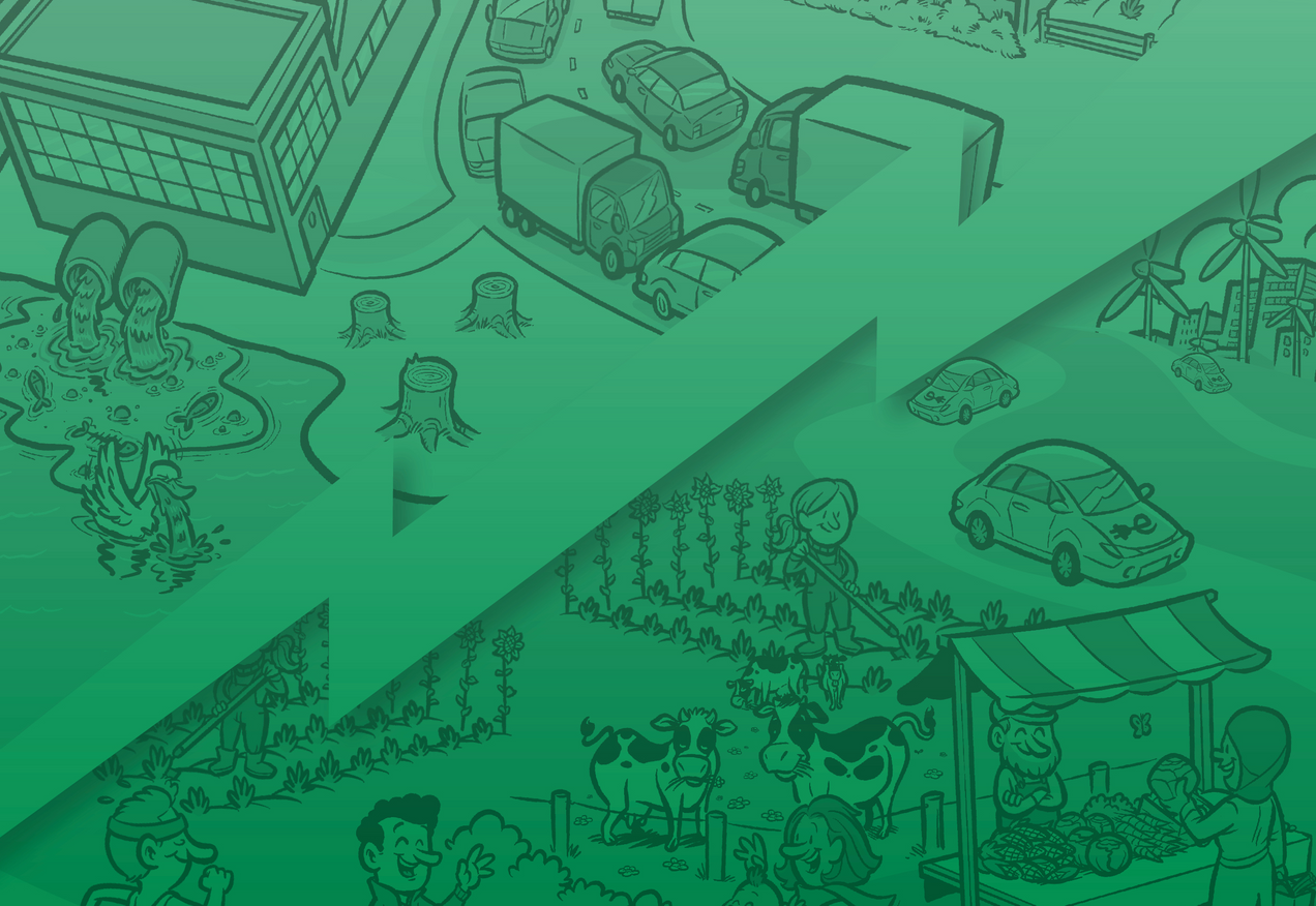 Visual show current society vs enivisioned soceity having rethought demand for energy.