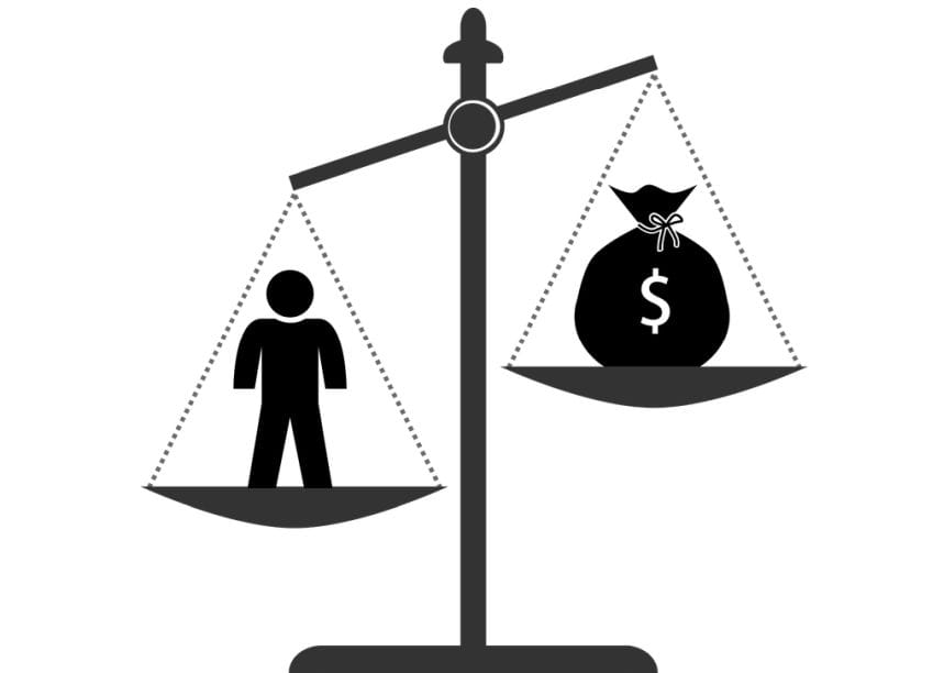 A set of scales with a person outweighing a bag of coins